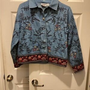 Chico's Blue Denim Jacket with Black Embroidery